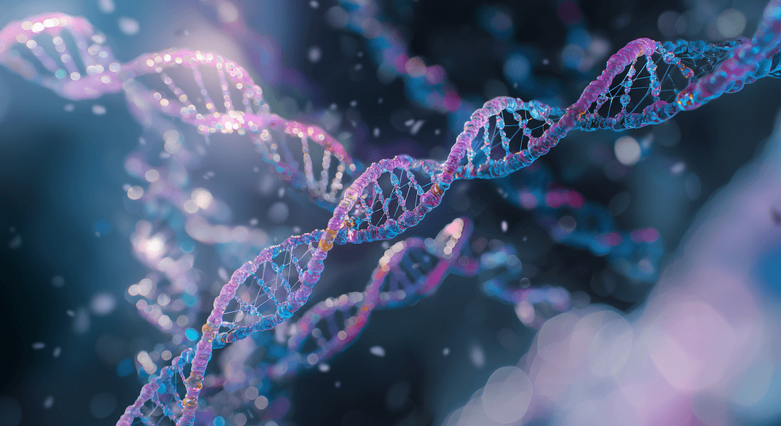 A detailed 3D rendering of multiple DNA double helix strands