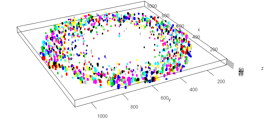 3D plot of microbial aggregates with a scale in microns