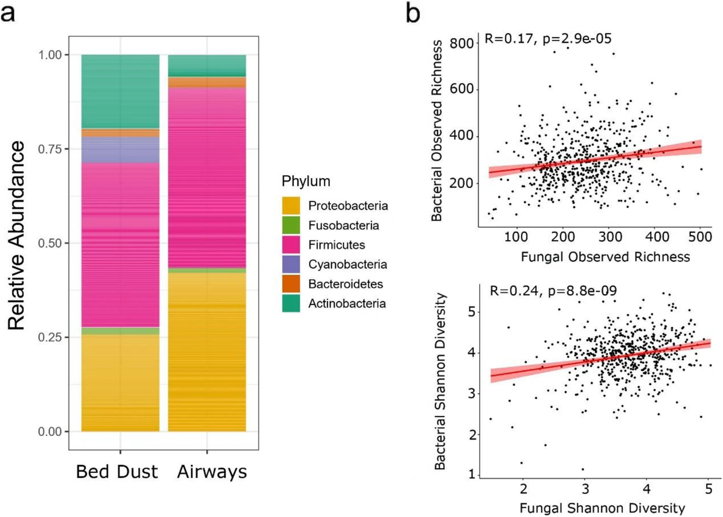a Relative abundance of bacterial phyla in bed dust and airway samples. Phyla with a mean abundance of at least 1% abundance across bed dust samples are represented in colors. b Associations between fungal and bacterial alpha diversity (observed richness and Shannon diversity index values) for a given sample. The shaded gray region represents 95% confidence intervals. Linear regression analysis: p = 2.9e−05, R = 0.17 for observed richness and p = 8.8e−09, R = 0.25 for Shannon diversity