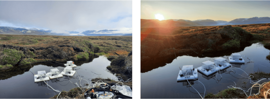 Remote field site: Two images show scientific equipment floating on a calm water body amid a vast, green landscape under different lighting—overcast vs. sunset.