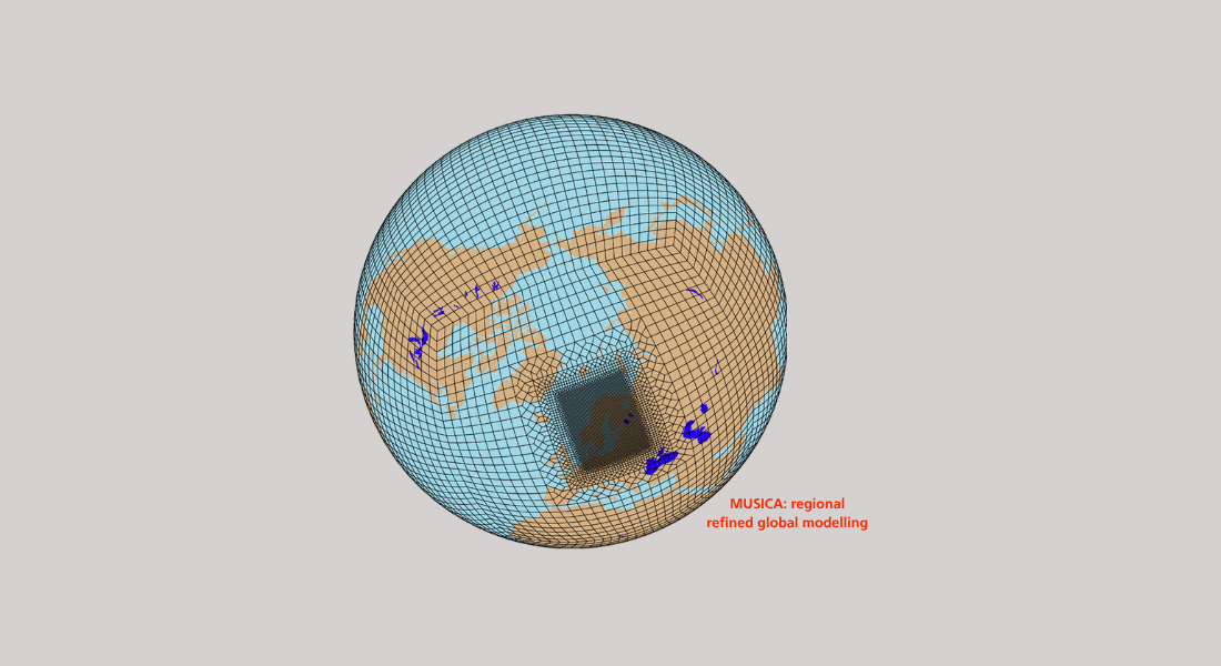 A globe grid visual with a highlighted center in dark shading, surrounded by brown land and blue ocean regions.